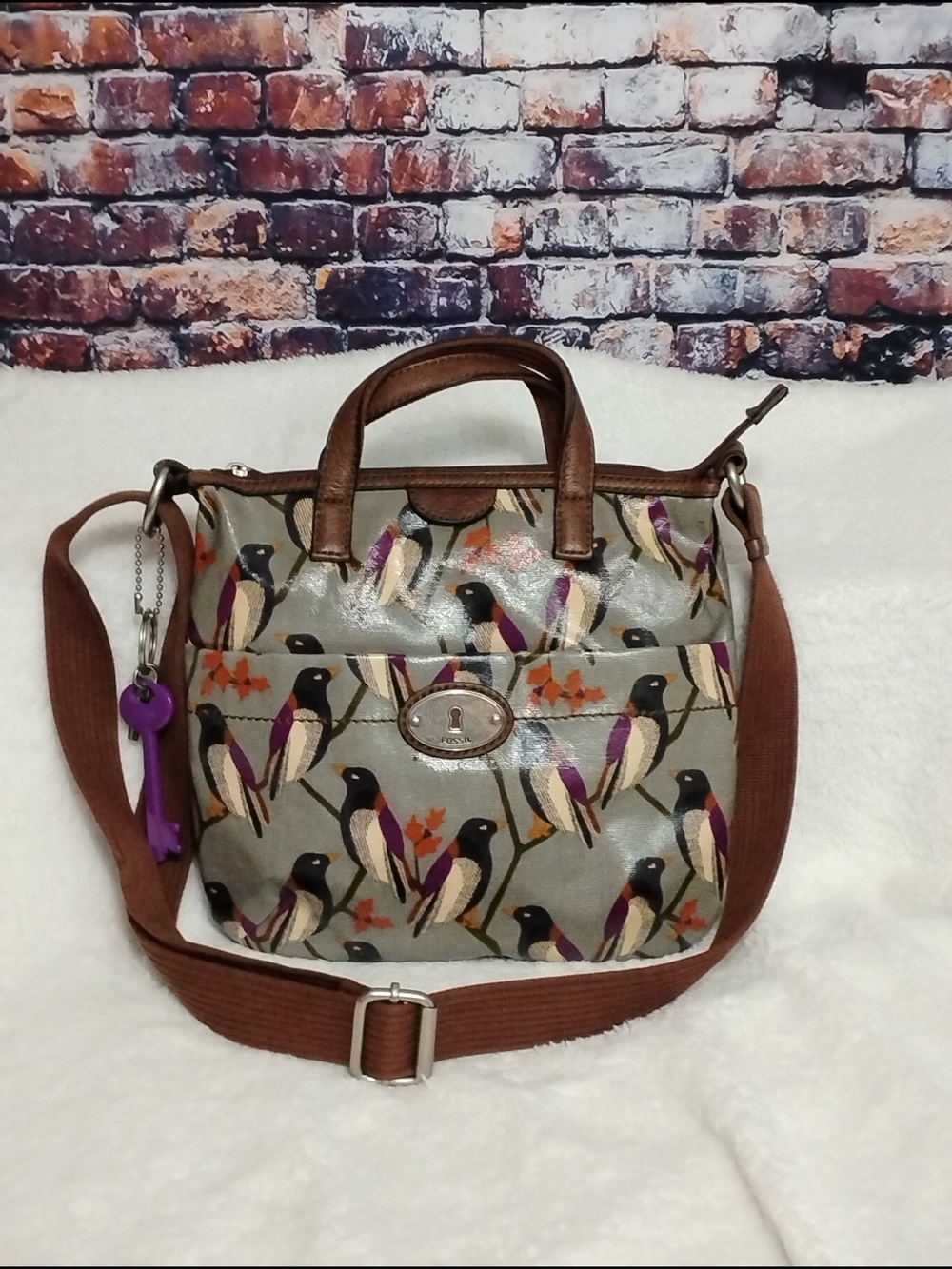 FOSSIL KeyPer Handbag Purse Birds Boho Coated Canvas & Leather Bag